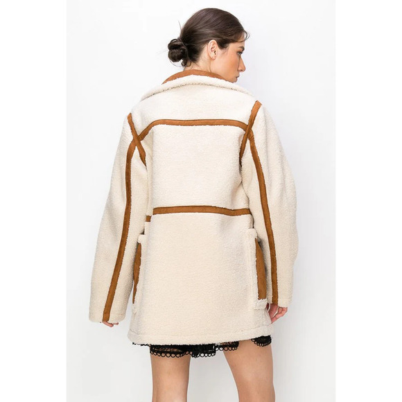 Ina Faux Shearling Suede Double Breasted Coat Jacket Cream Ivory Brown Pockets L - Picture 4 of 13